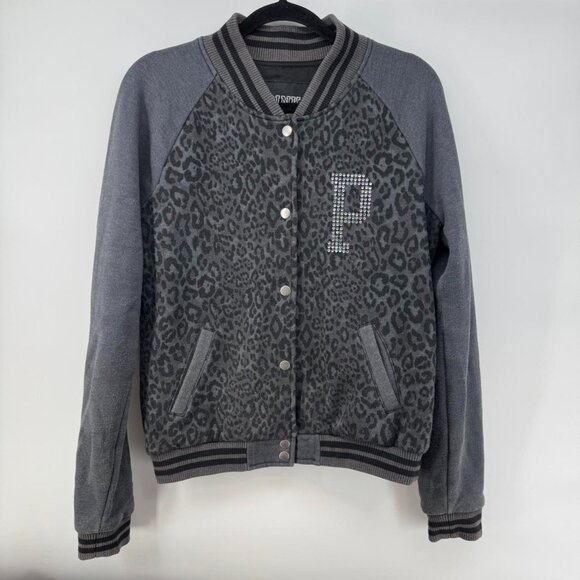 Victoria’s Secret PINK Leopard Varsity Jacket M Gray Black Rhinestone LOVE PINK - Picture 1 of 7